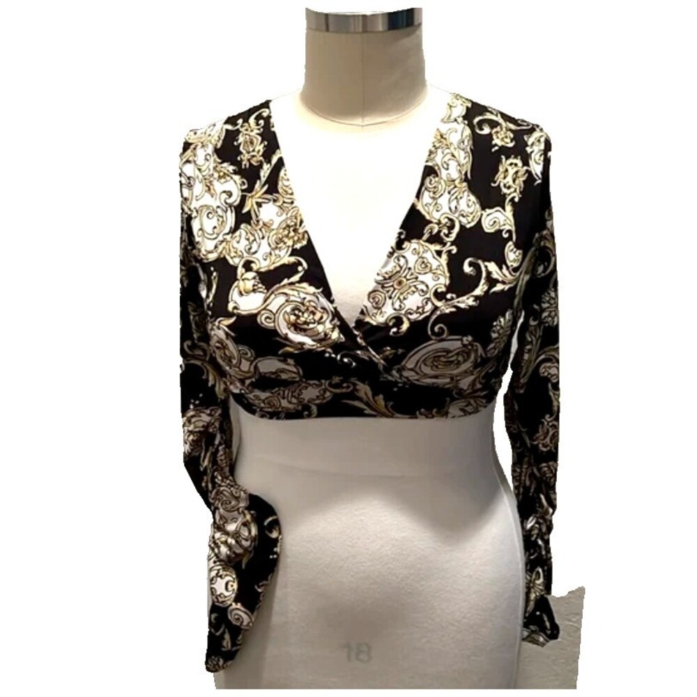 Just Polly Bolero Crop Top Womens XL Black and Gold Versace Print